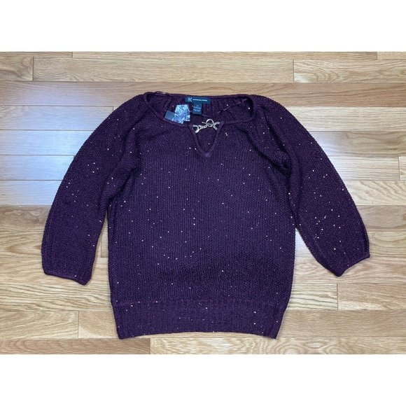 *New INC International Concepts Open Knit Sequin Sweater Womens Size XS Burgundy - Picture 1 of 9